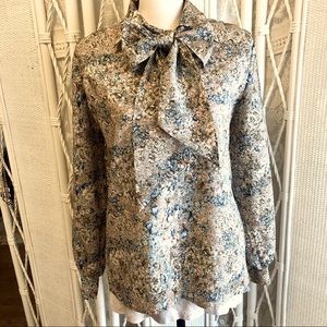 VINTAGE 70s Blouse Bow Tie Scarf Cream Tan Pink Button Front Top Long Sleeves